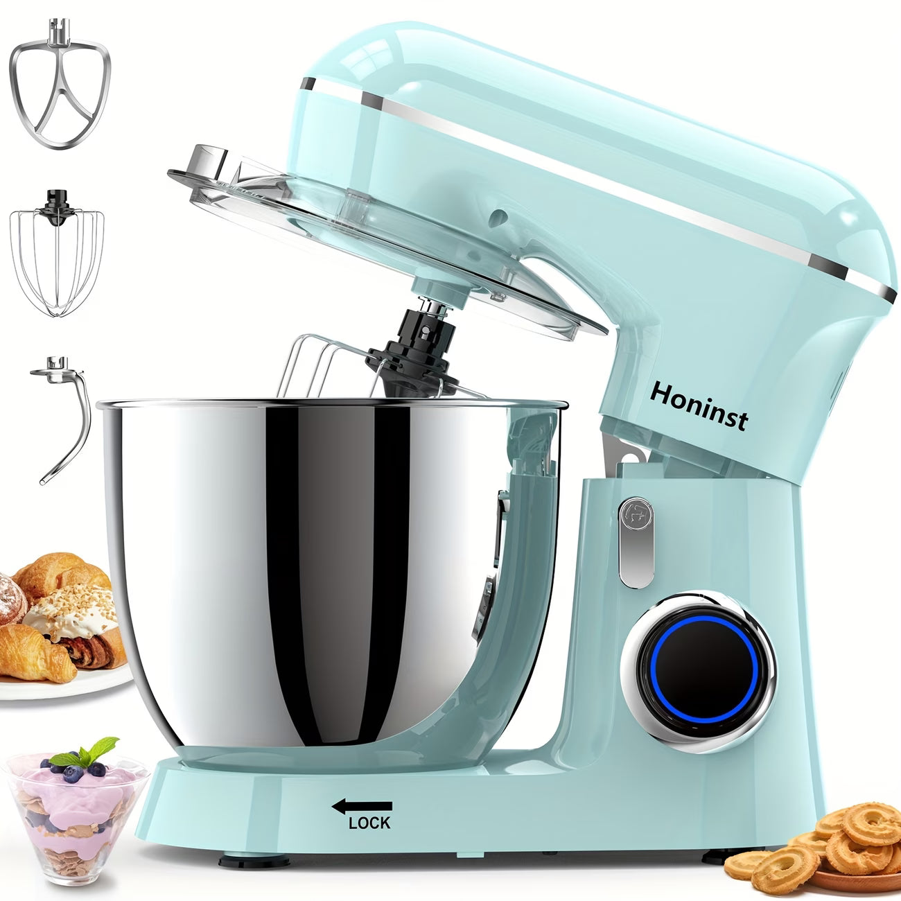 A 3-IN-1 Electric Stand Mixer, 10-Speed with Pulse Button, Attachments Include 6.5QT Bowl, Dough Hook, Beater, Whisk for Most Home Cooks, Sky Blue