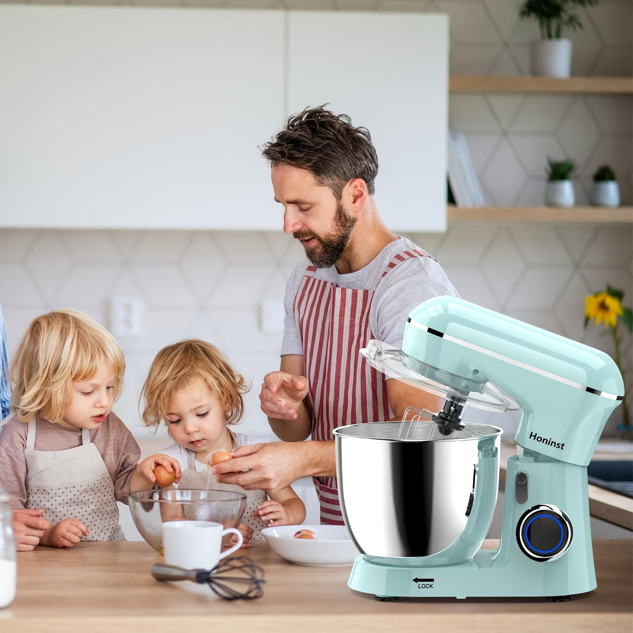 A 3-IN-1 Electric Stand Mixer, 10-Speed with Pulse Button, Attachments Include 6.5QT Bowl, Dough Hook, Beater, Whisk for Most Home Cooks, Sky Blue