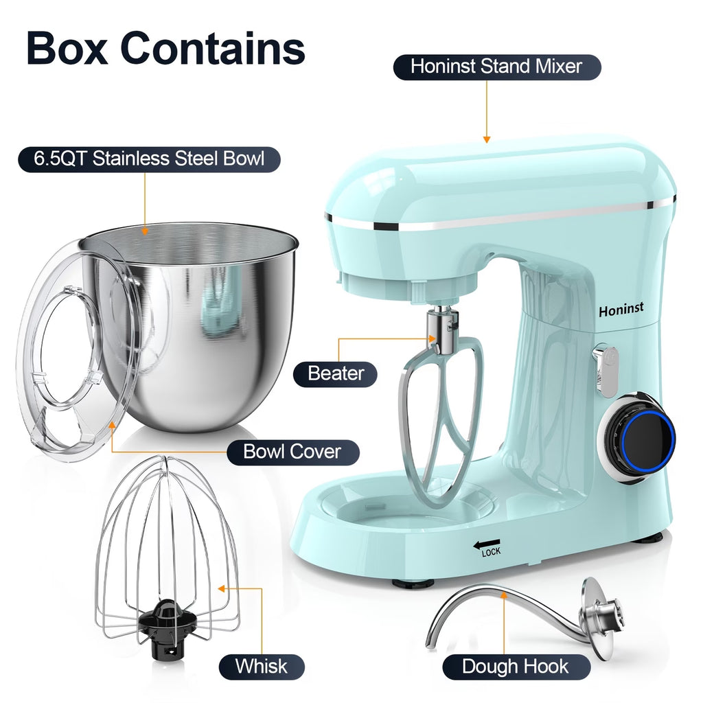 A 3-IN-1 Electric Stand Mixer, 10-Speed with Pulse Button, Attachments Include 6.5QT Bowl, Dough Hook, Beater, Whisk for Most Home Cooks, Sky Blue