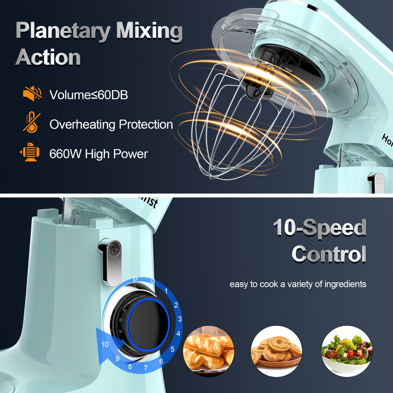 A 3-IN-1 Electric Stand Mixer, 10-Speed with Pulse Button, Attachments Include 6.5QT Bowl, Dough Hook, Beater, Whisk for Most Home Cooks, Sky Blue