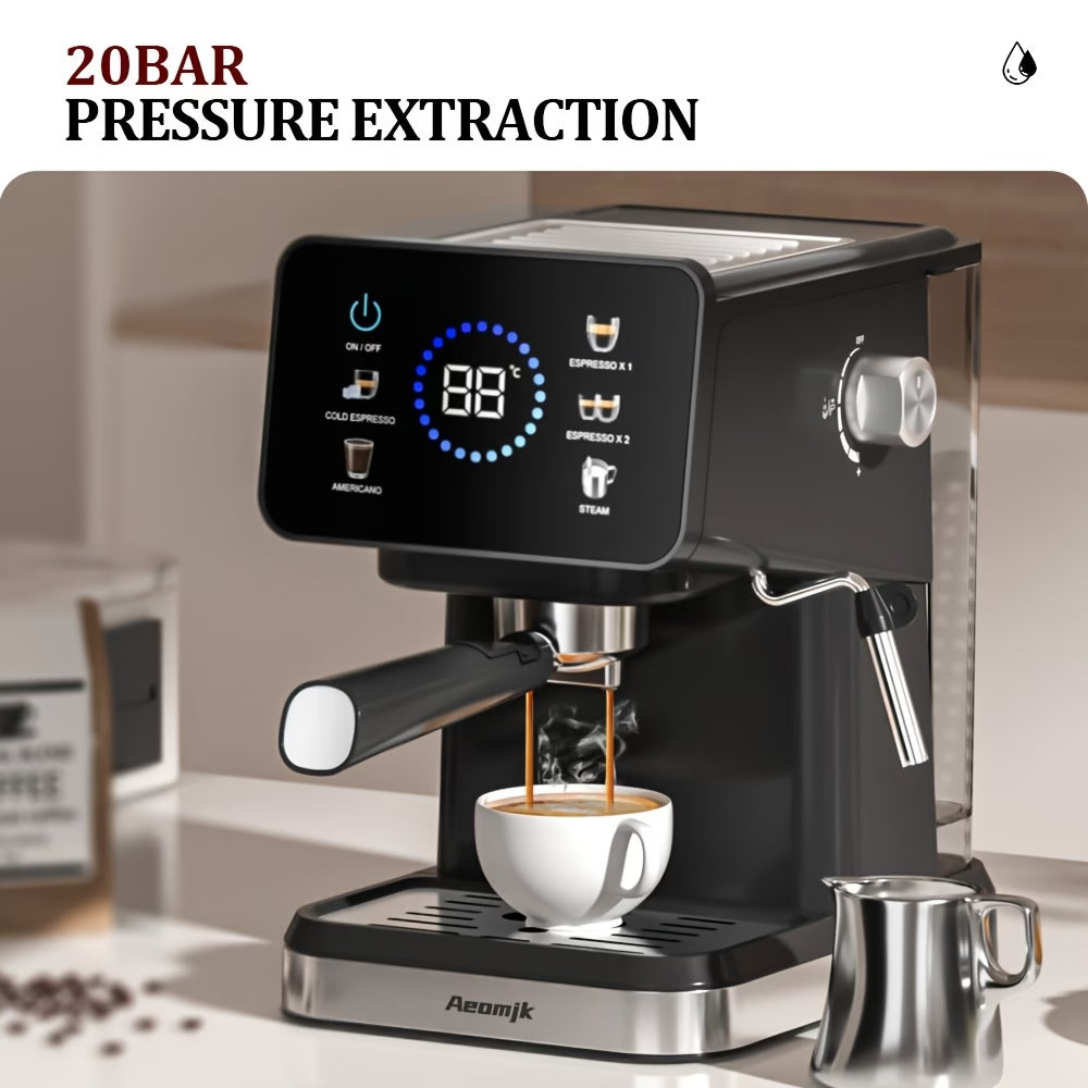 A 20BAR Touchscreen Espresso Machine with hot & cold brewing, steam wand, and 1.5L removable water tank (UK plug).
