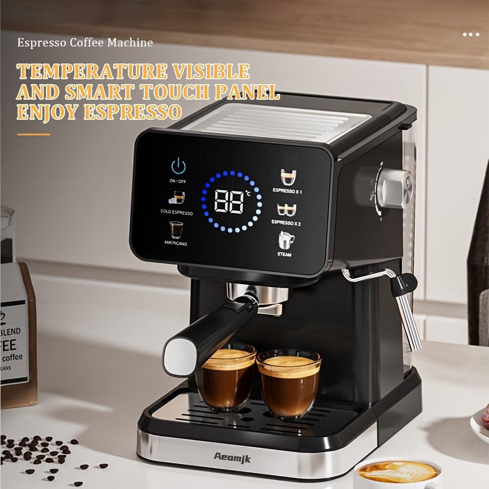 A 20BAR Touchscreen Espresso Machine with hot & cold brewing, steam wand, and 1.5L removable water tank (UK plug).