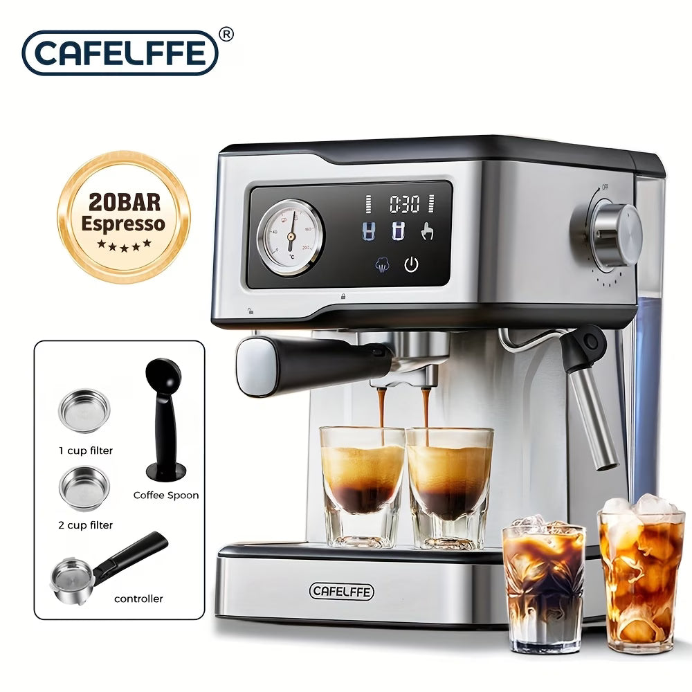 A 20 Bar Semi-Automatic Espresso Machine with milk frother, steam wand, smart touch panel, and 1.5L removable water tank (British plug).