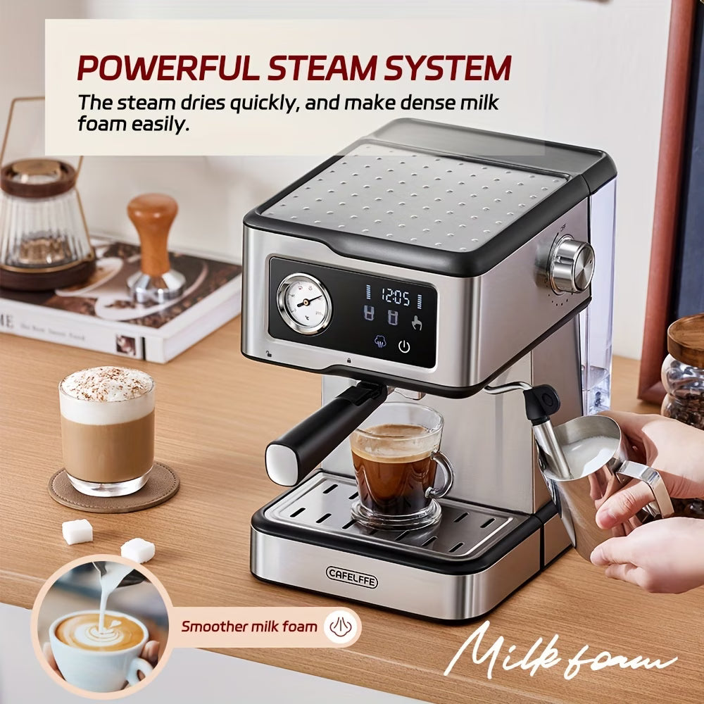 A 20 Bar Semi-Automatic Espresso Machine with milk frother, steam wand, smart touch panel, and 1.5L removable water tank (British plug).