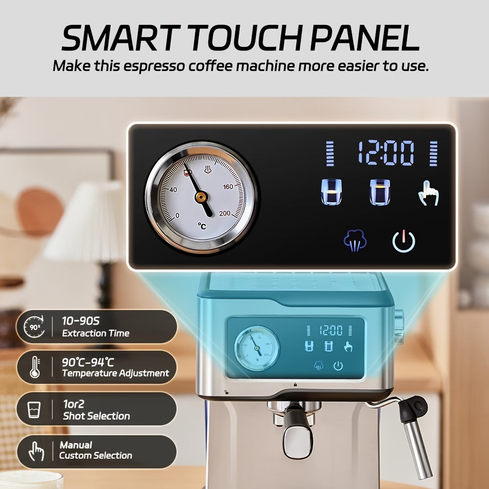 A 20 Bar Semi-Automatic Espresso Machine with milk frother, steam wand, smart touch panel, and 1.5L removable water tank (British plug).