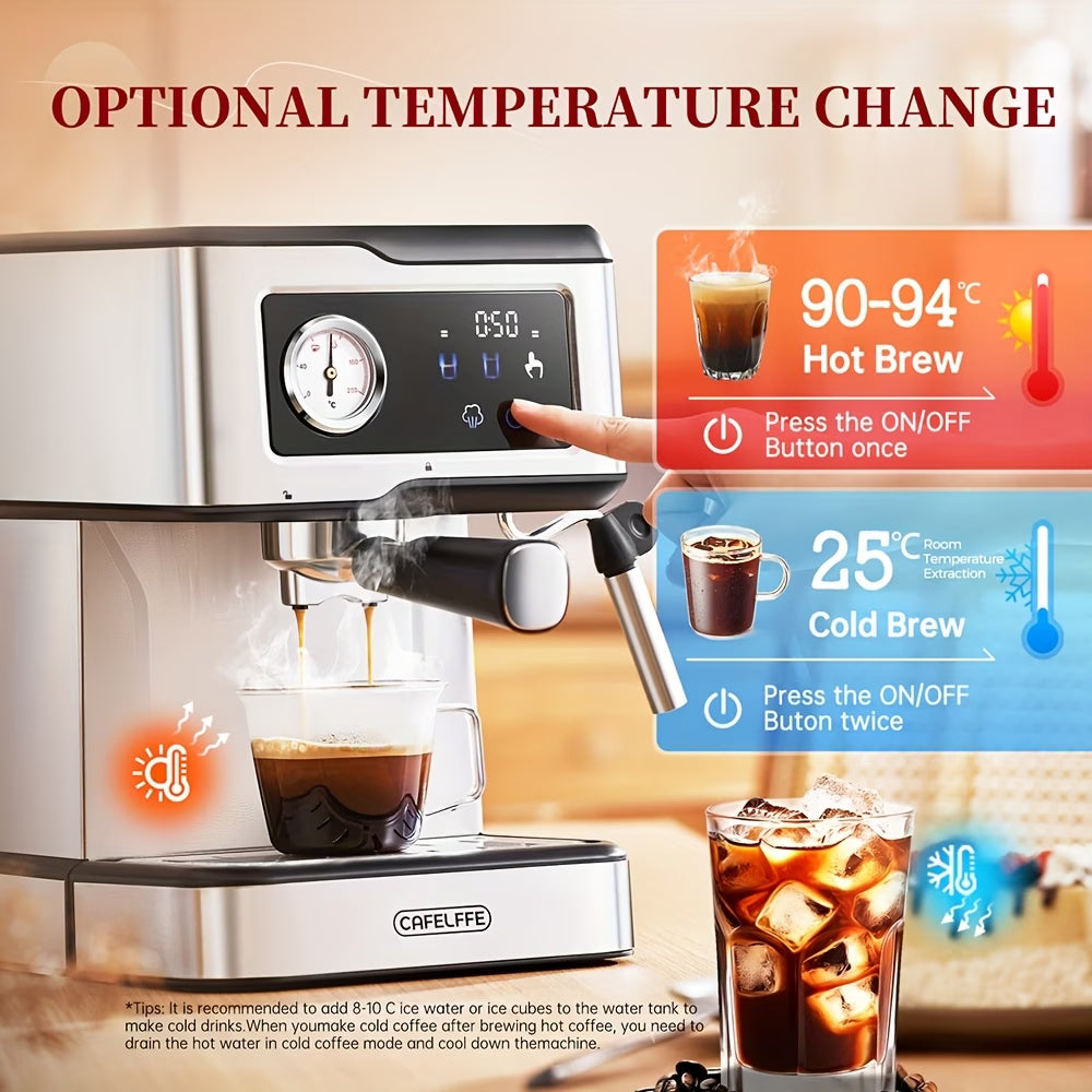 A 20 Bar Semi-Automatic Espresso Machine with milk frother, steam wand, smart touch panel, and 1.5L removable water tank (British plug).