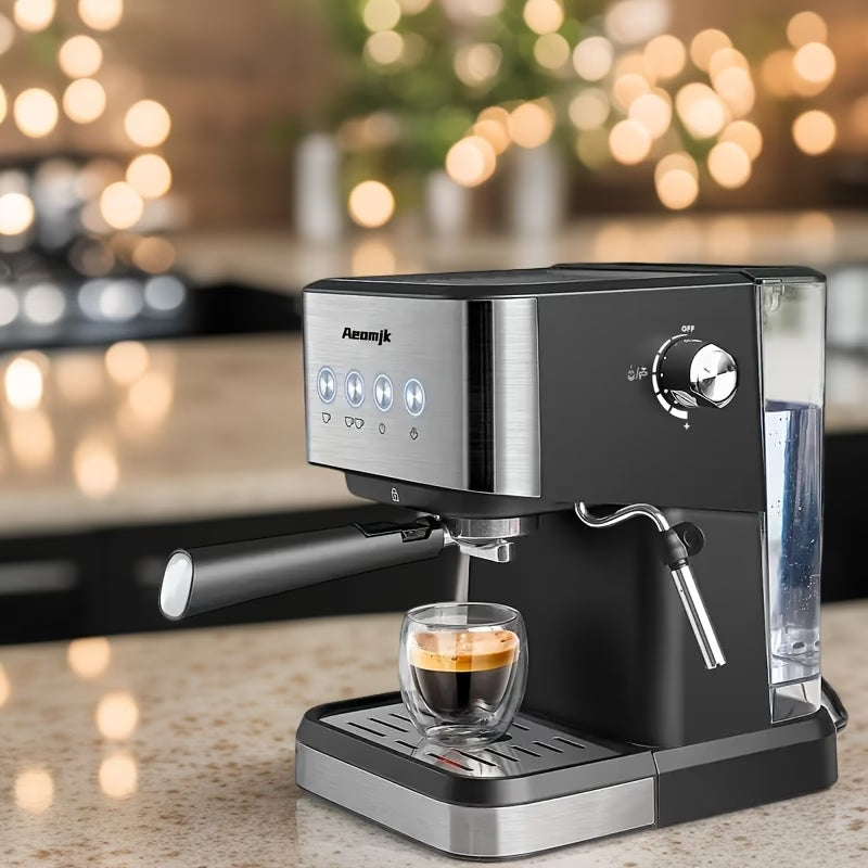 A 20 Bar Semi-Automatic Espresso Machine with steam milk frother and 1.5L detachable water tank.
