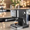 A 20 Bar Semi-Automatic Espresso Machine with steam milk frother and 1.5L detachable water tank.