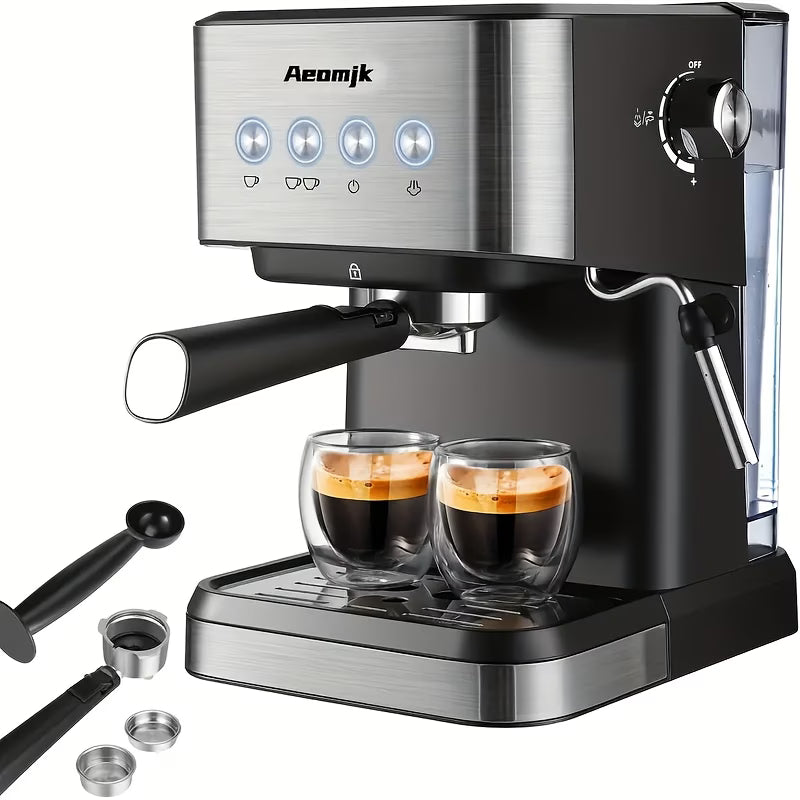 A 20 Bar Semi-Automatic Espresso Machine with steam milk frother and 1.5L detachable water tank.