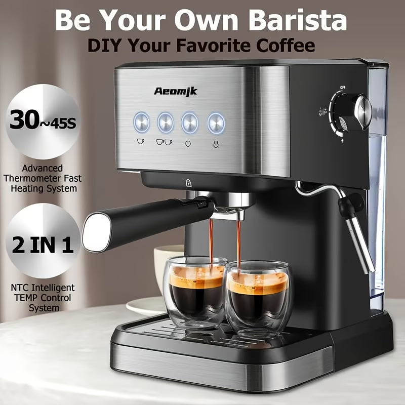 A 20 Bar Semi-Automatic Espresso Machine with steam milk frother and 1.5L detachable water tank.