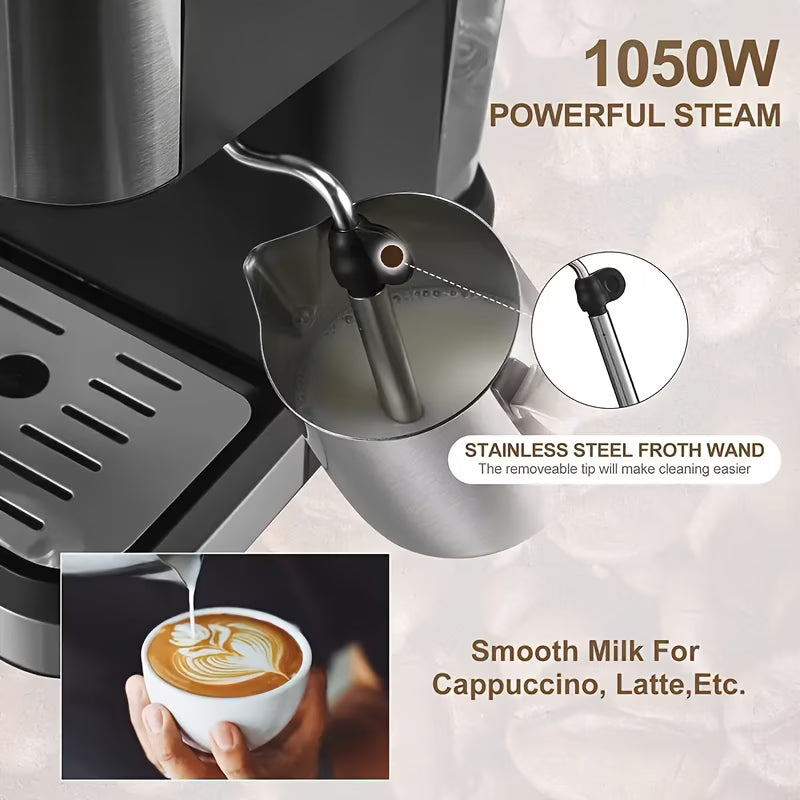 A 20 Bar Semi-Automatic Espresso Machine with steam milk frother and 1.5L detachable water tank.