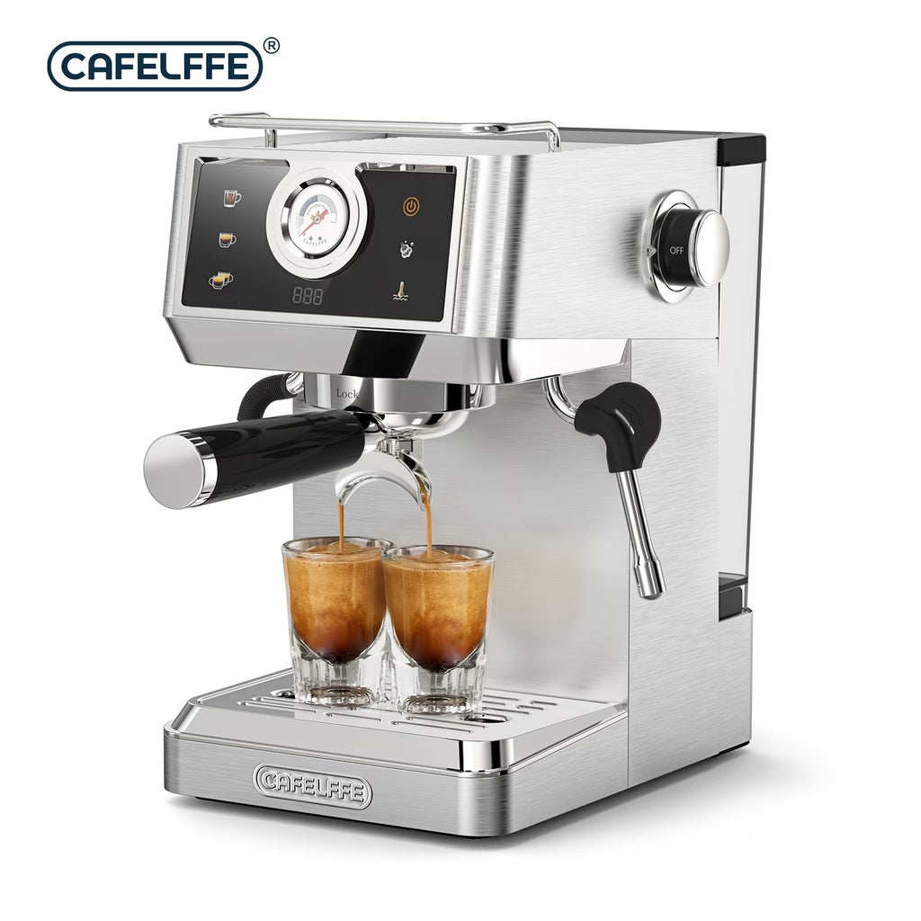 A 58mm Espresso Machine MK-902 with 20Bar pressure, milk frother, cold brew capability, and 1.5L capacity (stainless steel).