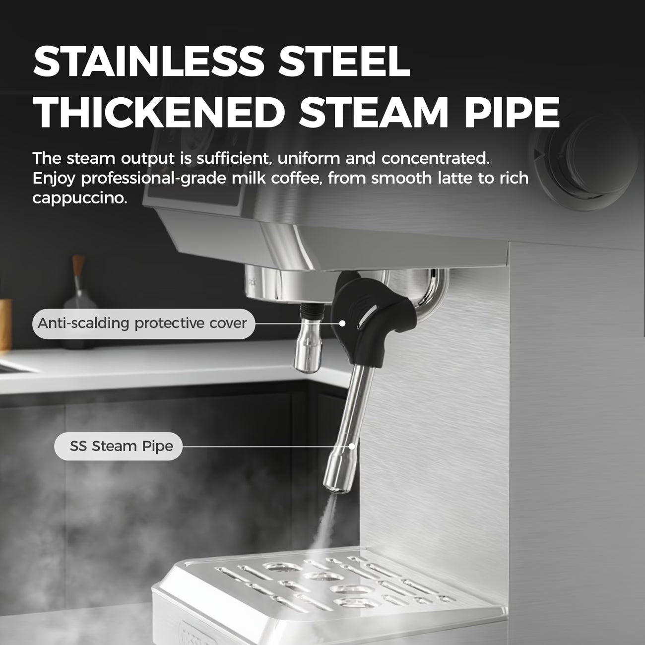 A 58mm Espresso Machine MK-902 with 20Bar pressure, milk frother, cold brew capability, and 1.5L capacity (stainless steel).