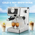 A 58mm Espresso Machine MK-902 with 20Bar pressure, milk frother, cold brew capability, and 1.5L capacity (stainless steel).