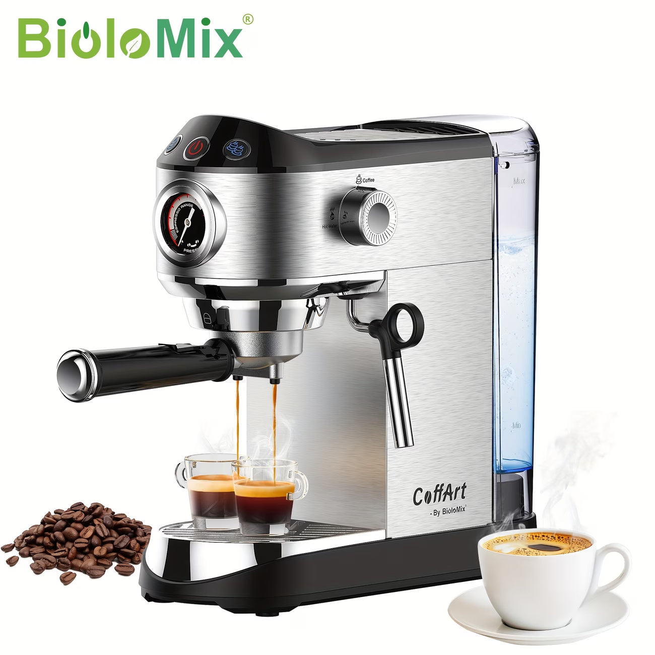 A 20 Bar Semi-Automatic Espresso Machine, 1450W, with milk frother, 1.1L removable water tank, and adjustable presets (UK plug).