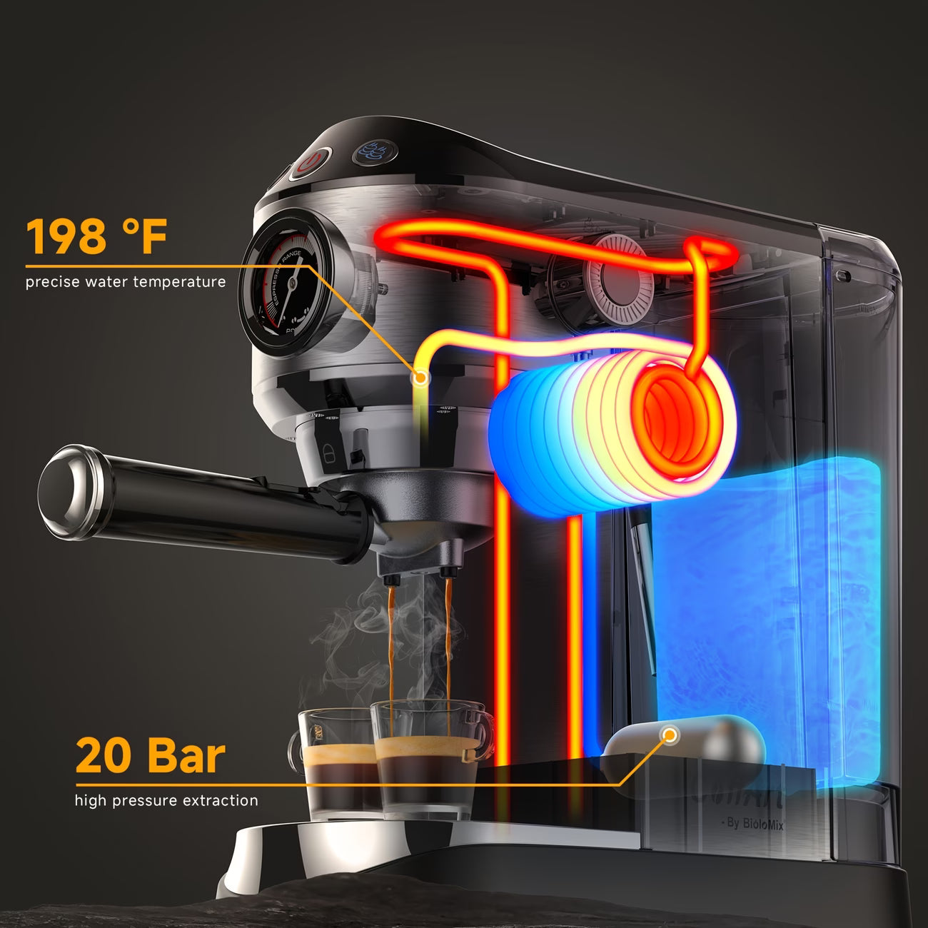 A 20 Bar Semi-Automatic Espresso Machine, 1450W, with milk frother, 1.1L removable water tank, and adjustable presets (UK plug).