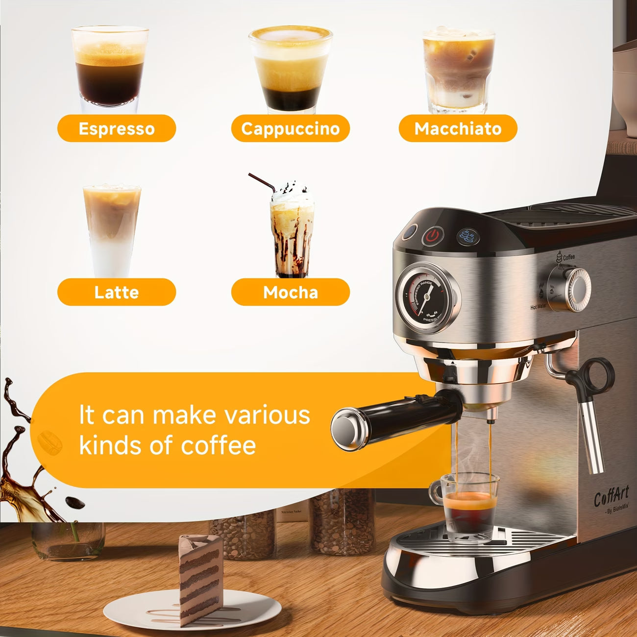 A 20 Bar Semi-Automatic Espresso Machine, 1450W, with milk frother, 1.1L removable water tank, and adjustable presets (UK plug).