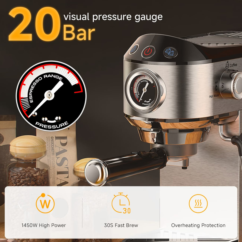 A 20 Bar Semi-Automatic Espresso Machine, 1450W, with milk frother, 1.1L removable water tank, and adjustable presets (UK plug).