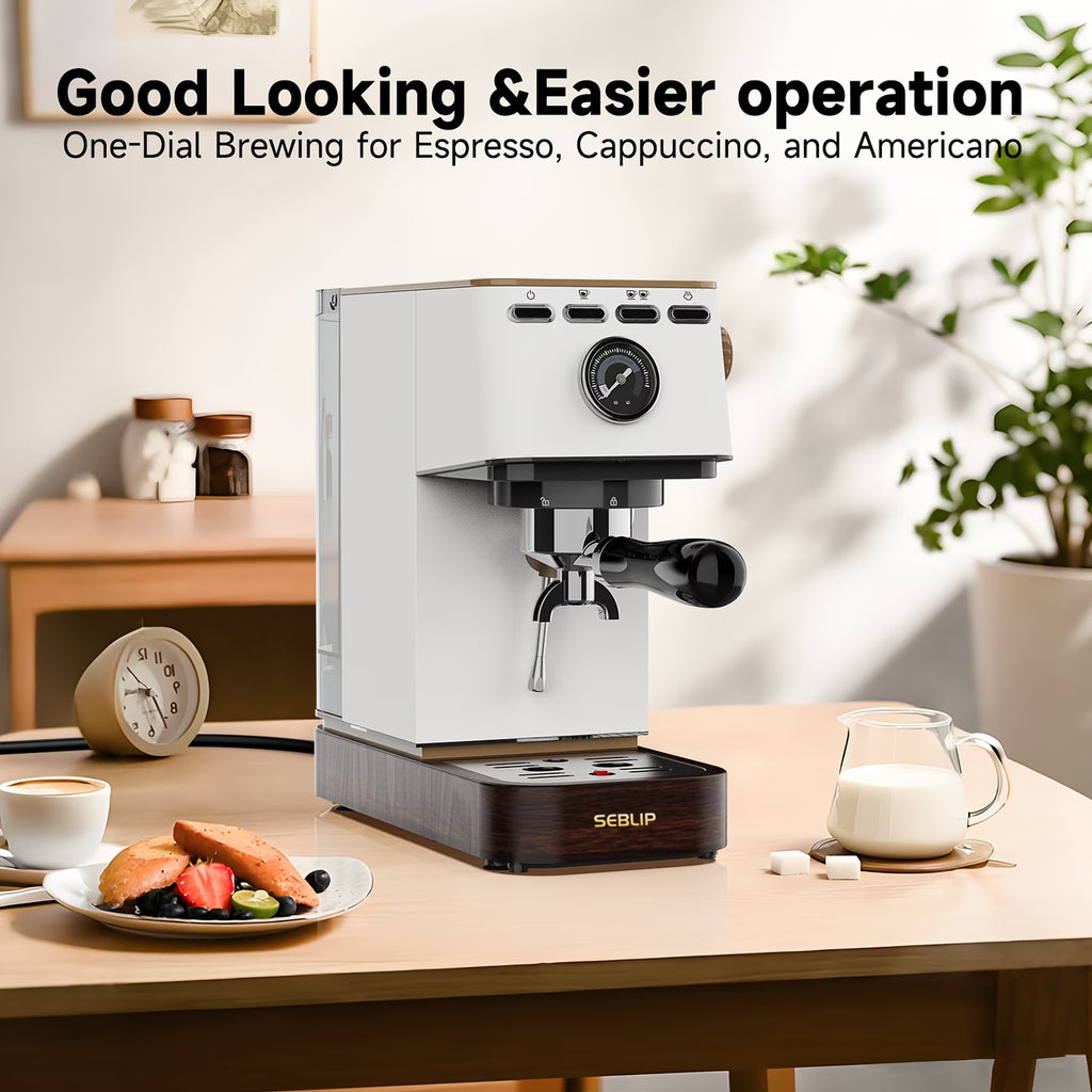 An All-in-one barista coffee machine with built-in grinder, milk frothing steam wand, and detachable water tank, perfect for making espresso, cappuccino, latte, and macchiato at home.