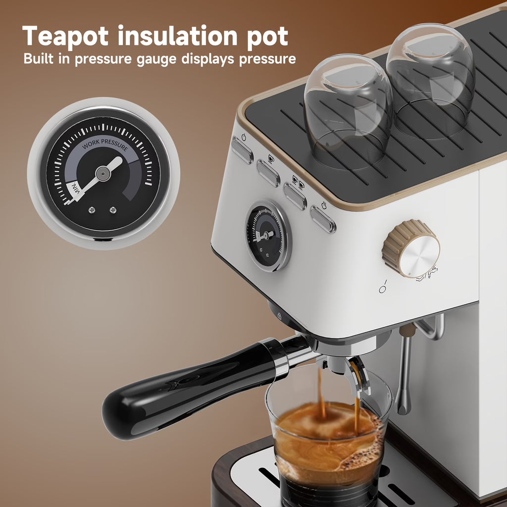 An All-in-one barista coffee machine with built-in grinder, milk frothing steam wand, and detachable water tank, perfect for making espresso, cappuccino, latte, and macchiato at home.