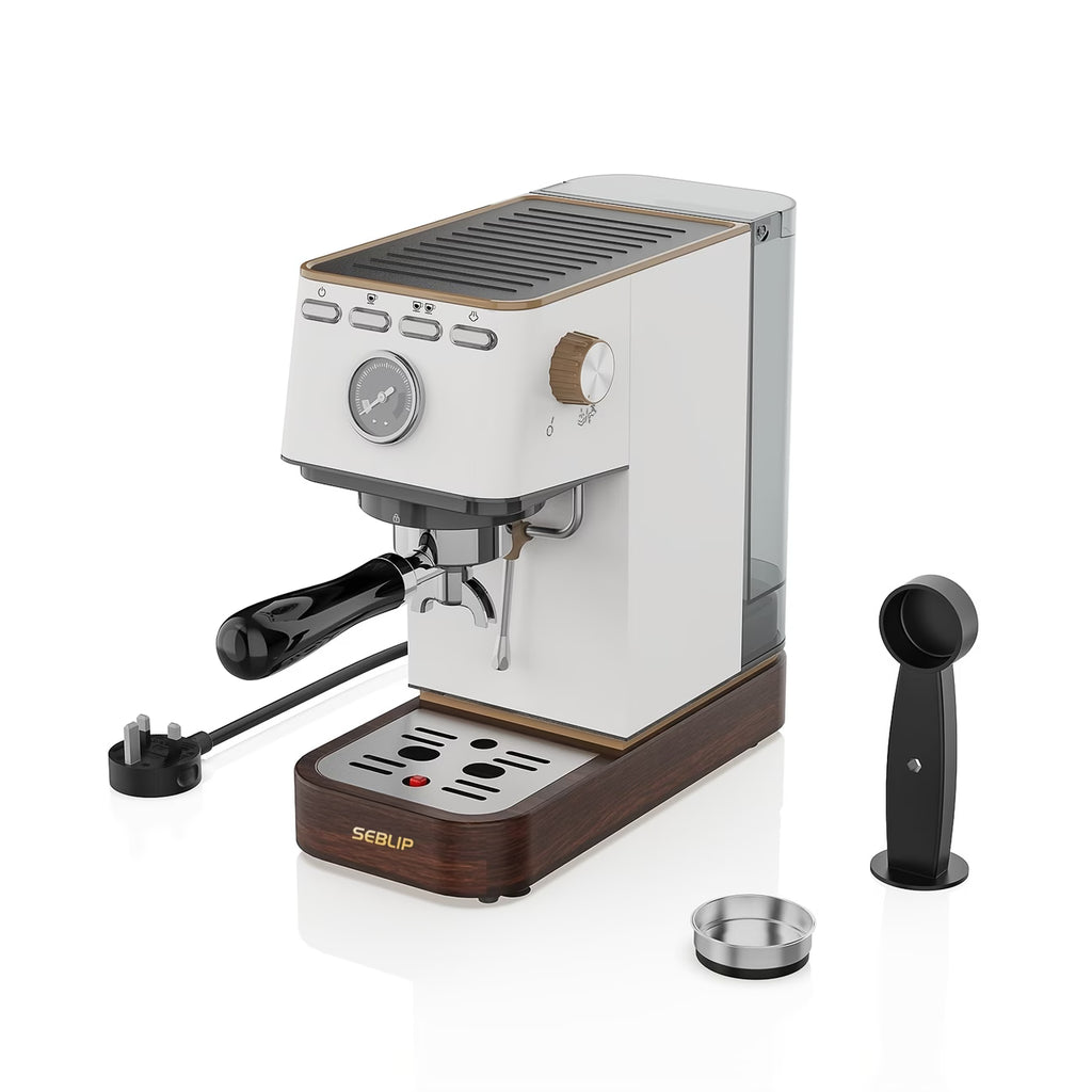 An All-in-one barista coffee machine with built-in grinder, milk frothing steam wand, and detachable water tank, perfect for making espresso, cappuccino, latte, and macchiato at home.