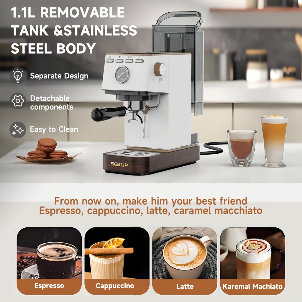 An All-in-one barista coffee machine with built-in grinder, milk frothing steam wand, and detachable water tank, perfect for making espresso, cappuccino, latte, and macchiato at home.