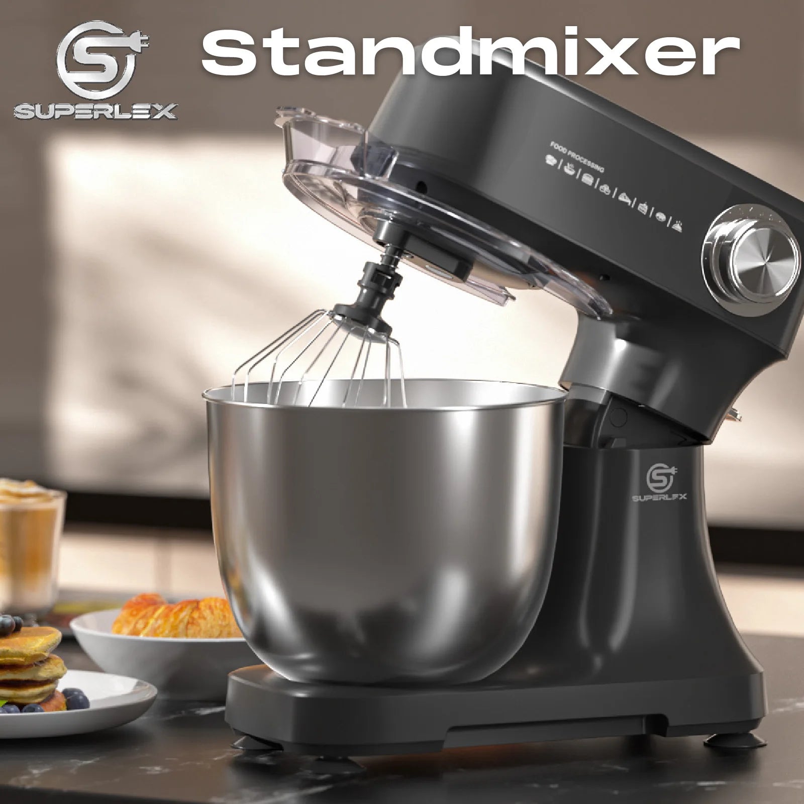 SUPERLEX Food Stand Mixer 800W Whip Dough Kneader Multifunctional Powerful Motor Control-Temp Kitchen Mixer with Steel Bowl