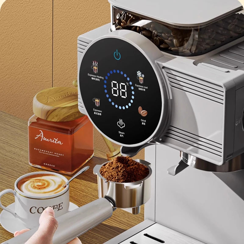 Hot and Cold Dual Extraction Integrated Grinder Espresso Machine with Steam Milk Frother, Small American Style for Home Use