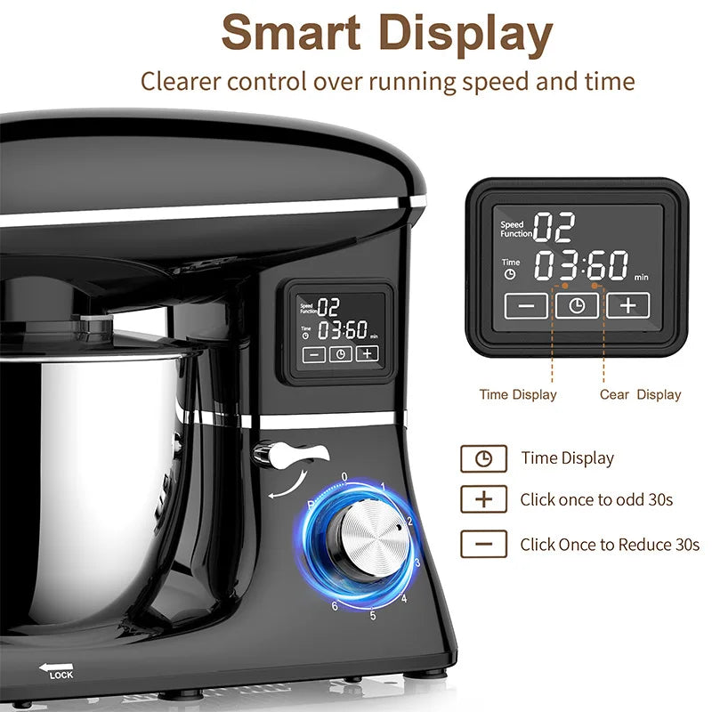 Commercial Stand Mixer 1500W, 6.5L Stainless Steel Bowl 6-Speed, Silent Design Smart Display Multi-Functional Dough Mixer