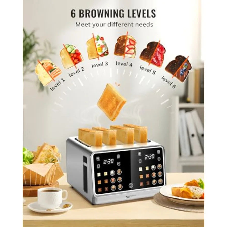 4-Slice Digital Smart Toaster with TouchScreen Dual Control Panel Single Slot Toasting Timer Reheat Defrost for Bagels Bread