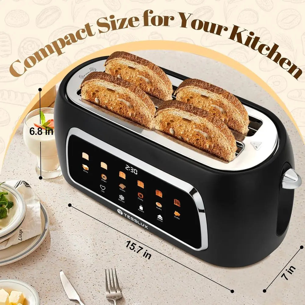 4 Slice Toaster with Touch Control, 1.5 Wide Long Slots, 6 Levels & 6 Bread Types, Digital Timer, Memory, rost, Reheat (BLACK