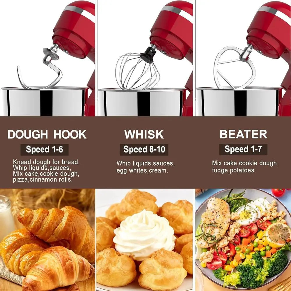 A 3 in 1 Electric Stand Mixer with 5.5 Quart Bowl, 10+ Speeds, Kitchen Bread Dough and Cake Mixers for Home Daily Use (Red)