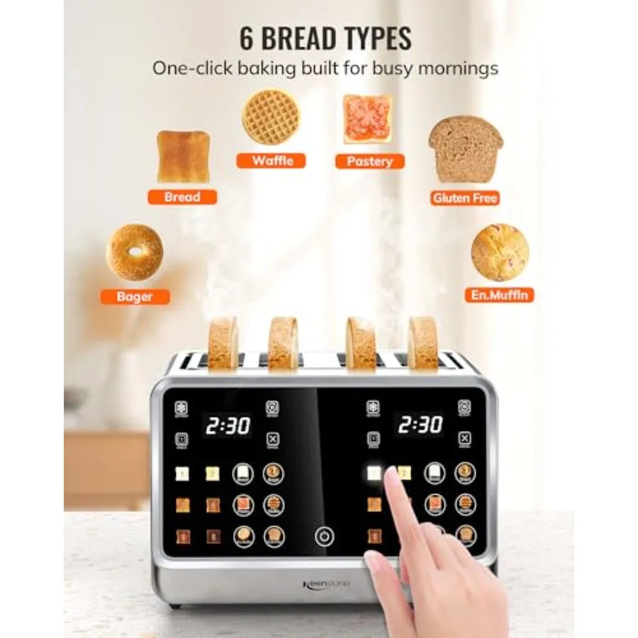 4-Slice Digital Smart Toaster with TouchScreen Dual Control Panel Single Slot Toasting Timer Reheat Defrost for Bagels Bread