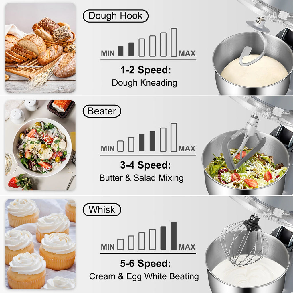A Stand Mixer Electric Dough Mixer with 6 Speeds LCD Screen Timing 5.8 Qt Stainless Steel Bowl Dough Hook Flat Beater
