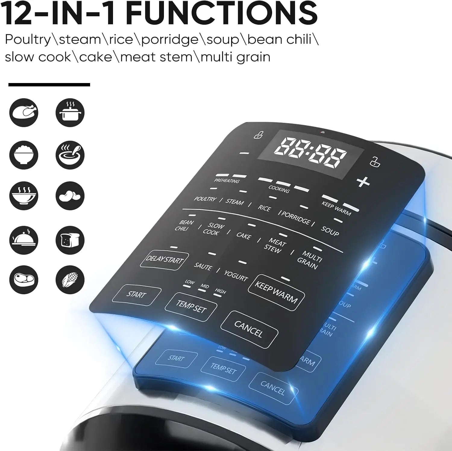 A 12-in-1 Electric Pressure Cooker 6 QT Stainless Steel Multi Cooker for Rice, Steaming, Slow Cooking