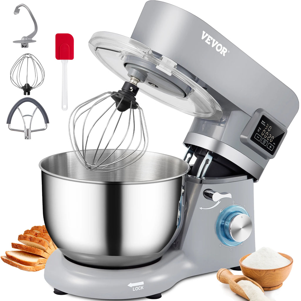 A Stand Mixer Electric Dough Mixer with 6 Speeds LCD Screen Timing 5.8 Qt Stainless Steel Bowl Dough Hook Flat Beater