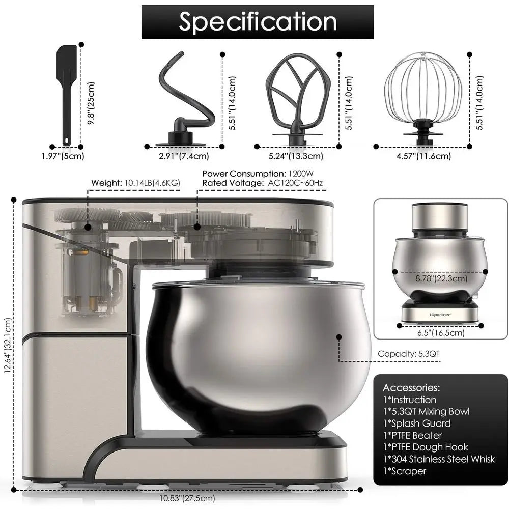 Stand Mixer, Stainless Steel 5.3-QT LCD Display Food Mixer, 6+ Speed Kitchen Electric Mixer - Mixer with Stainless Steel Bowl, D