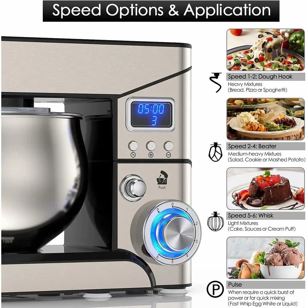 Stand Mixer, Stainless Steel 5.3-QT LCD Display Food Mixer, 6+ Speed Kitchen Electric Mixer - Mixer with Stainless Steel Bowl, D