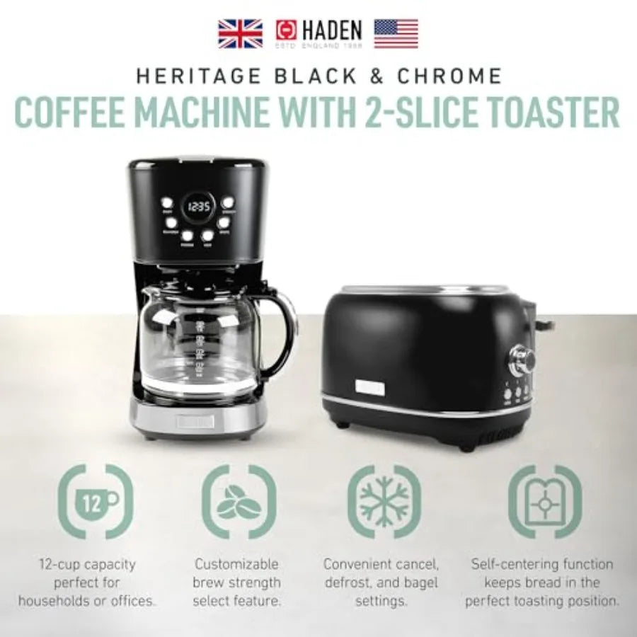 12 Cup Programmable Drip Coffee Maker with Heritage 2 Slice Wide Slot Stainless Steel Toaster in Turquoise and Chrome Ideal for