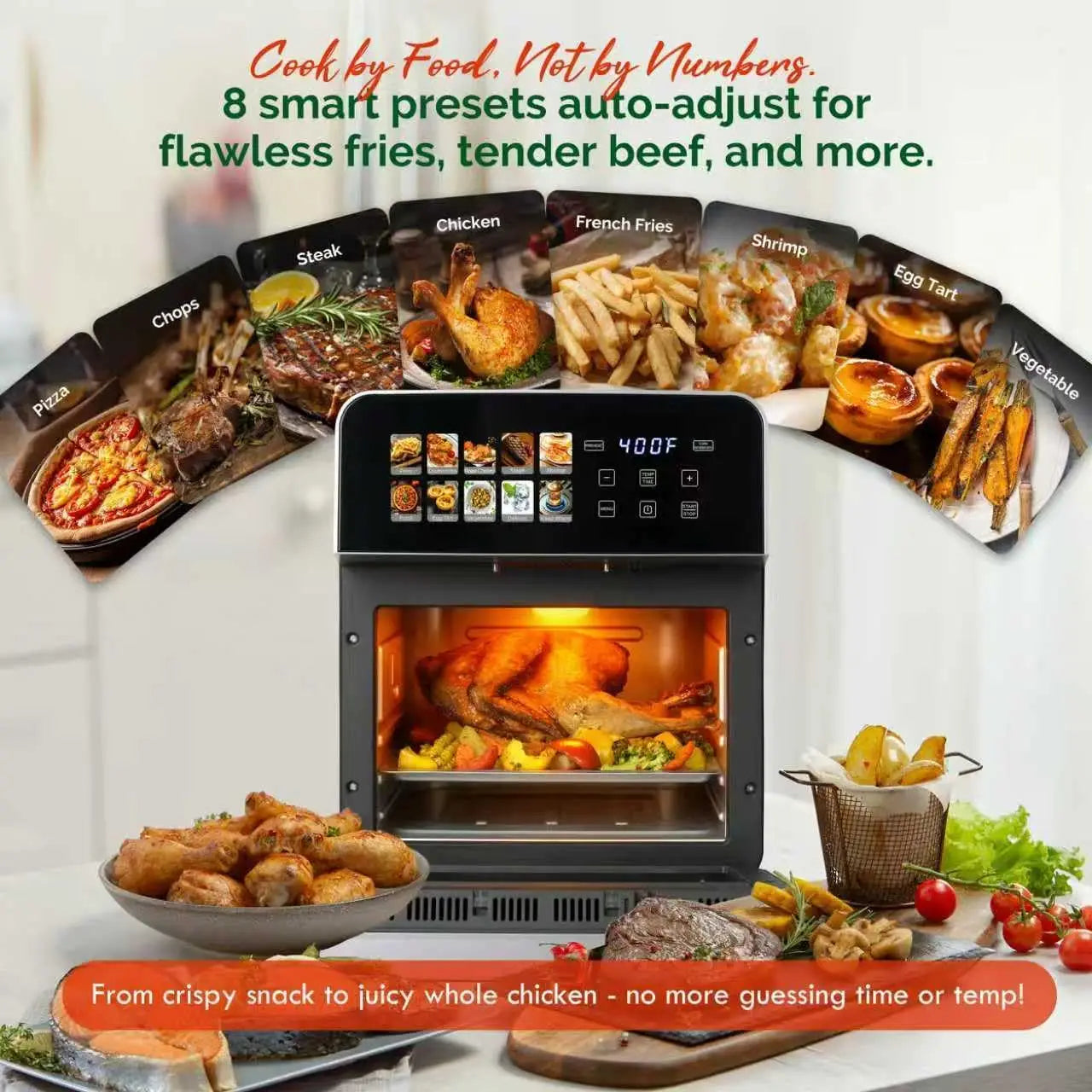 Air Fryer Toaster Oven Combo with 10 Presets, Stainless Steel Interior, Easy Clean, Includes Accessories & Recipe