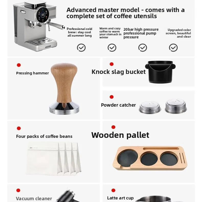 Hot and Cold Dual Extraction Integrated Grinder Espresso Machine with Steam Milk Frother, Small American Style for Home Use