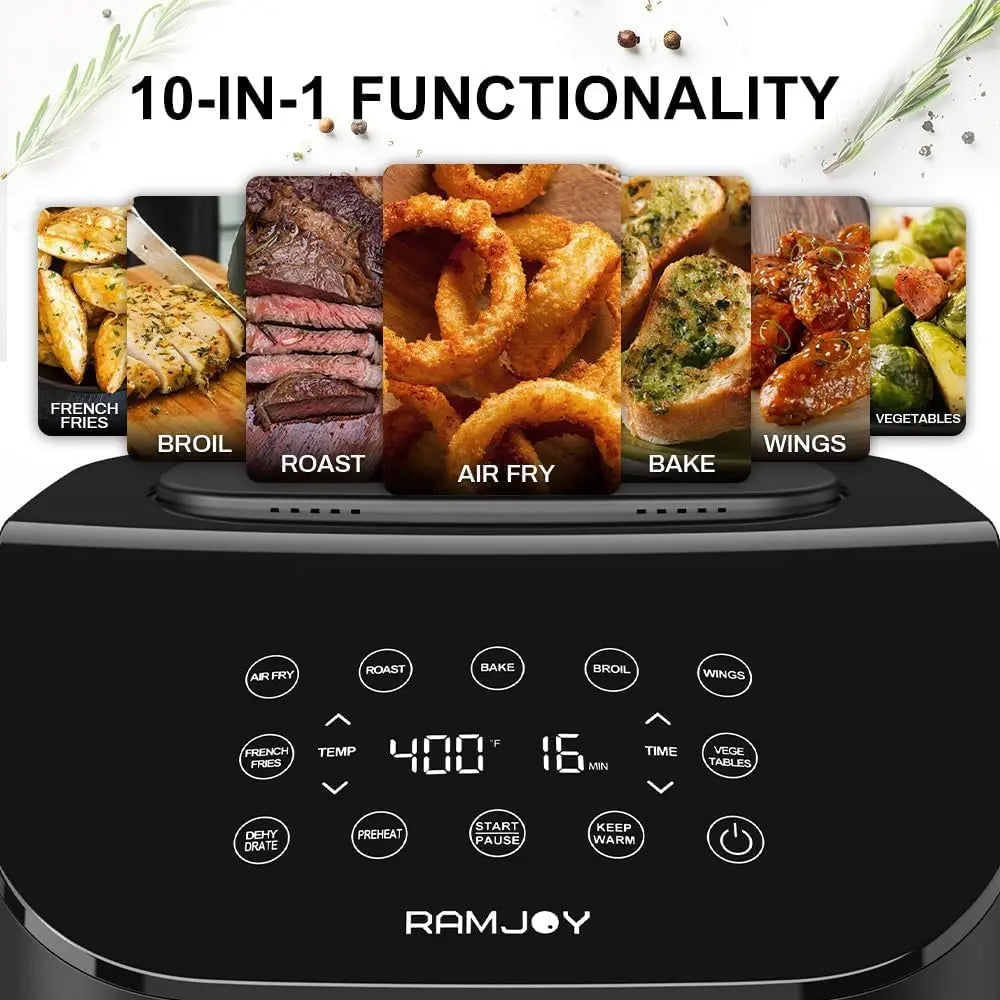Air Fryer with 10-in-1 Functions: Fry, Roast, Bake, Broil, Dehydrate. Large & Compact Design.