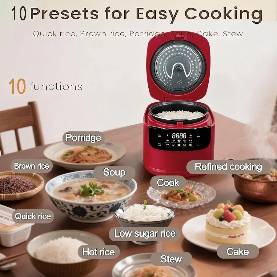 A 2L Mini Portable Rice Cooker for 5 Cups Cooked/3 Cups Uncooked 400W Non-Stick 24-Hour Timer Delay 10 Functions Fast Cooking