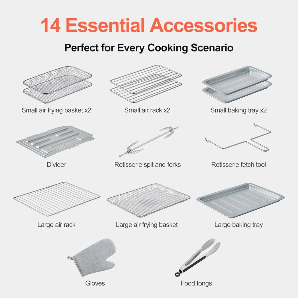 Dual-Zone Air Fryer Toaster Oven, Stainless Steel, Convection, French Door, Window, Racks, Rotisserie, Dehydrator.