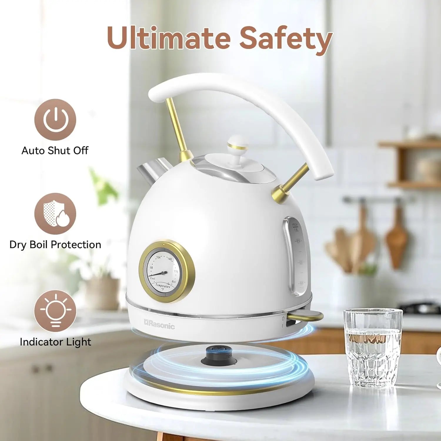 Retro Electric Kettle, Stainless Steel 1.8L, Fast Quiet Boil 1500W, Auto Shut-Off & Safety Features