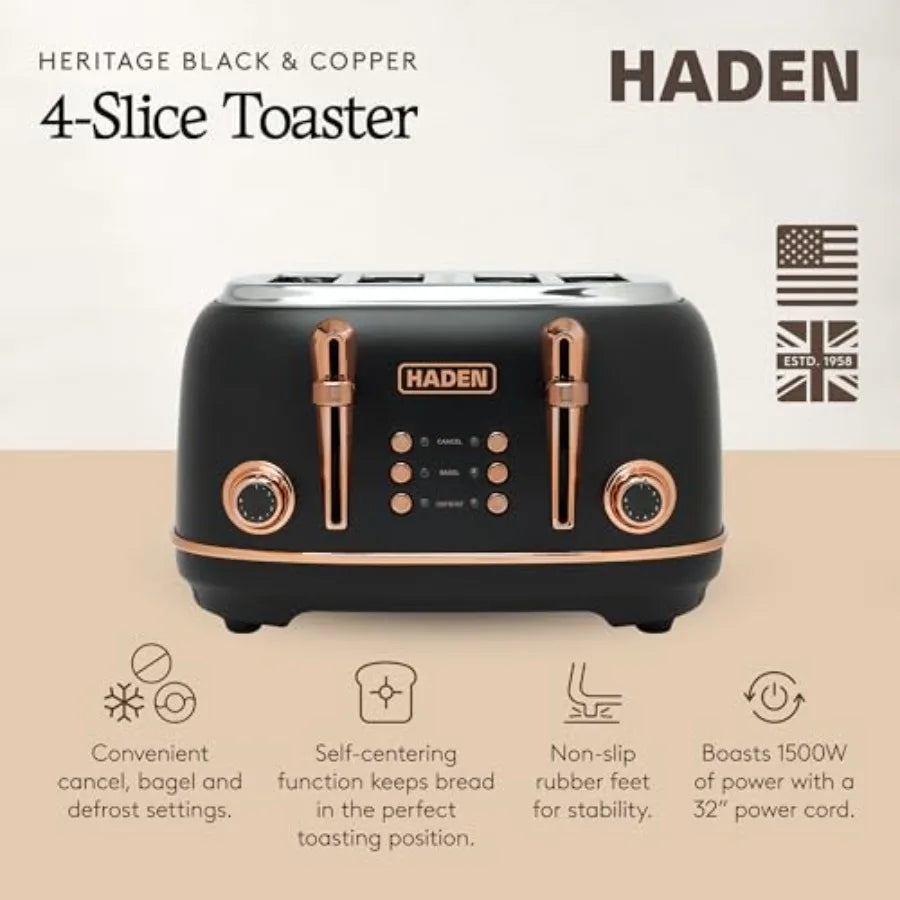 4-Slice Toaster with Extra Wide Slots Black Copper Retro Stainless Steel Design Self-Centering Function Adjustable Toaster
