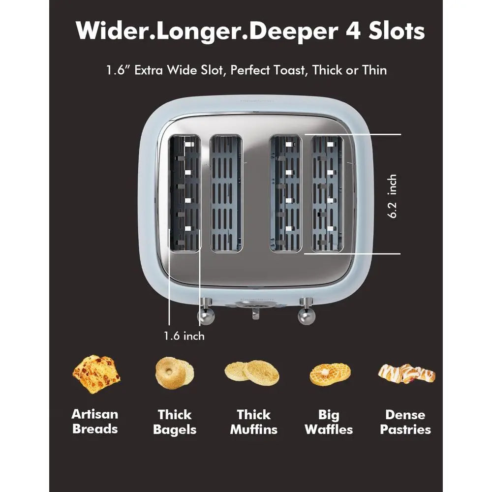 4-Slice Retro Toaster, 1.6 Extra-Wide Slots, 6 Levels, Bagel/Rost/Cancel, Stainless Steel, Compact Blue