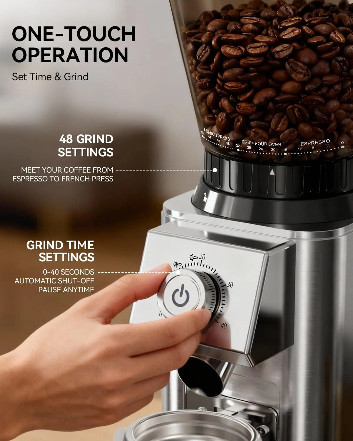 Burr Coffee Grinder with Anti-Static, 48 Precise Settings for Espresso/Drip/Cold Brew/French Press, Stainless Steel Home Use