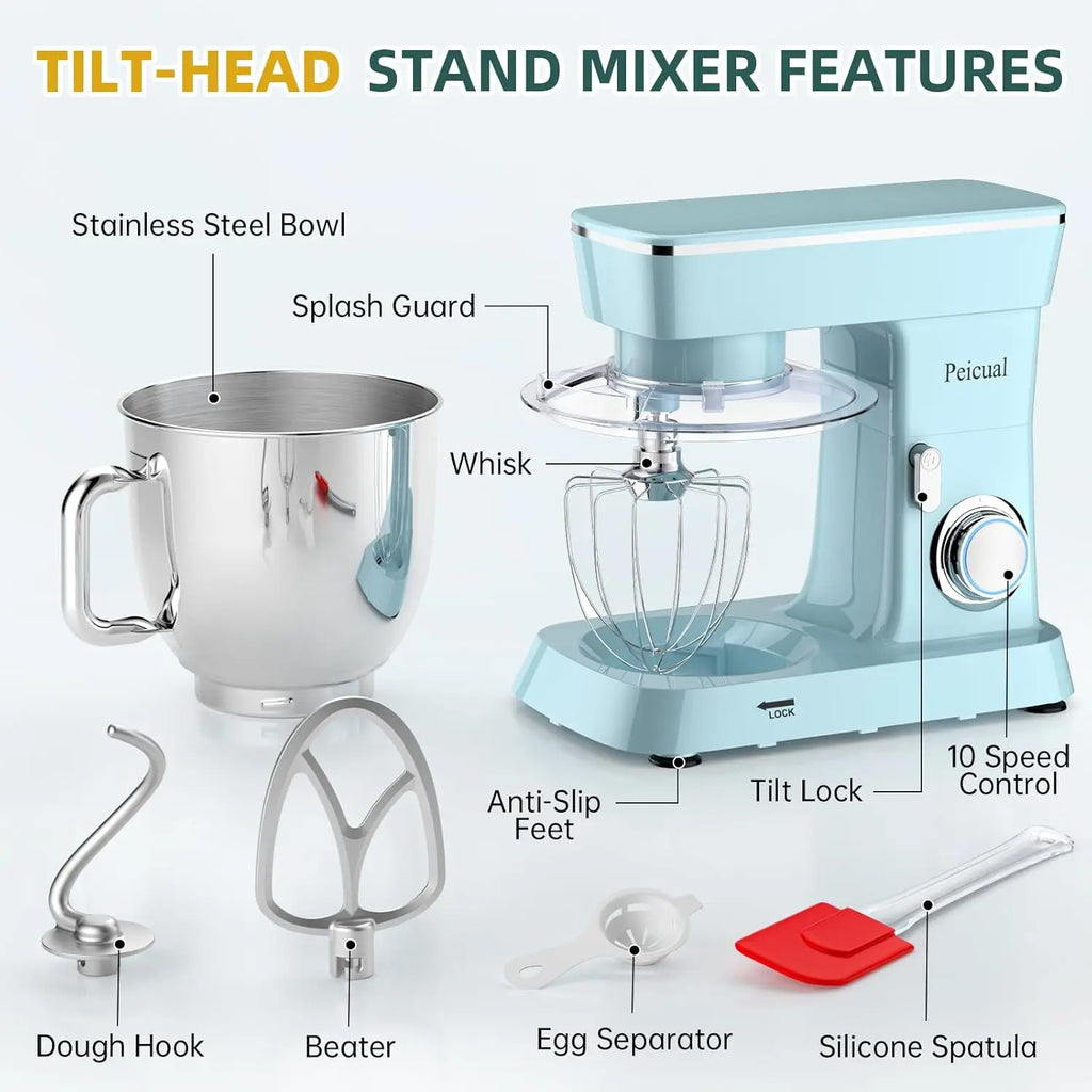 A Stand Mixer with 10+ Speeds, Tilt-Head Design, Stainless Steel Bowl & Attachments - Blue