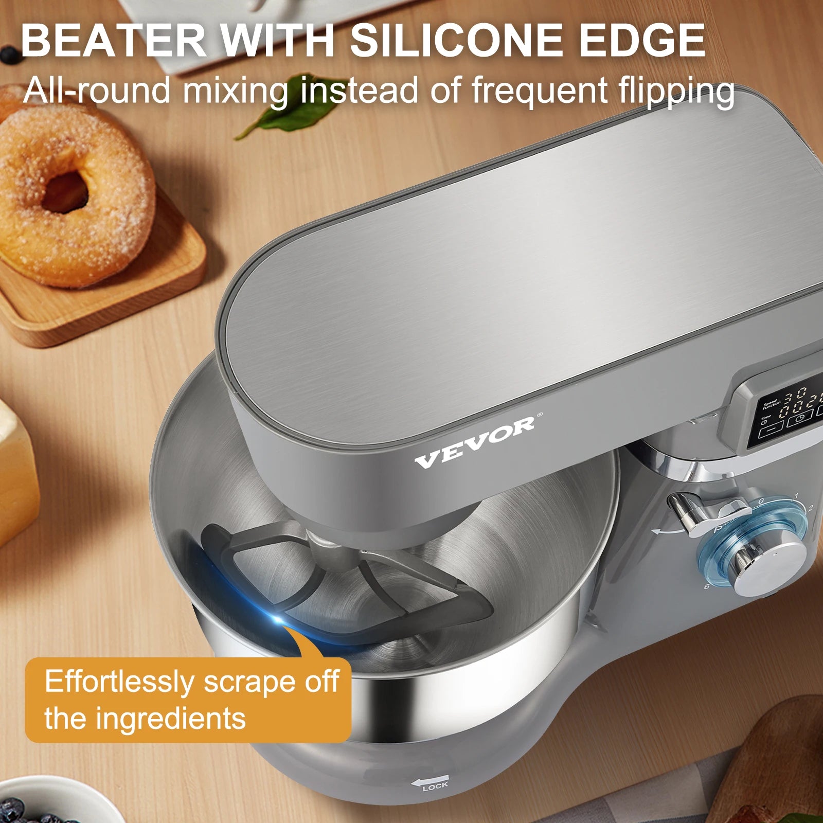 A Stand Mixer Electric Dough Mixer with 6 Speeds LCD Screen Timing 5.8 Qt Stainless Steel Bowl Dough Hook Flat Beater